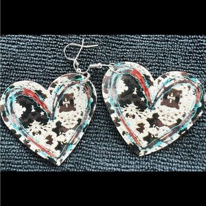 Western Heart Shaped Dangle Earrings Cow Pattern